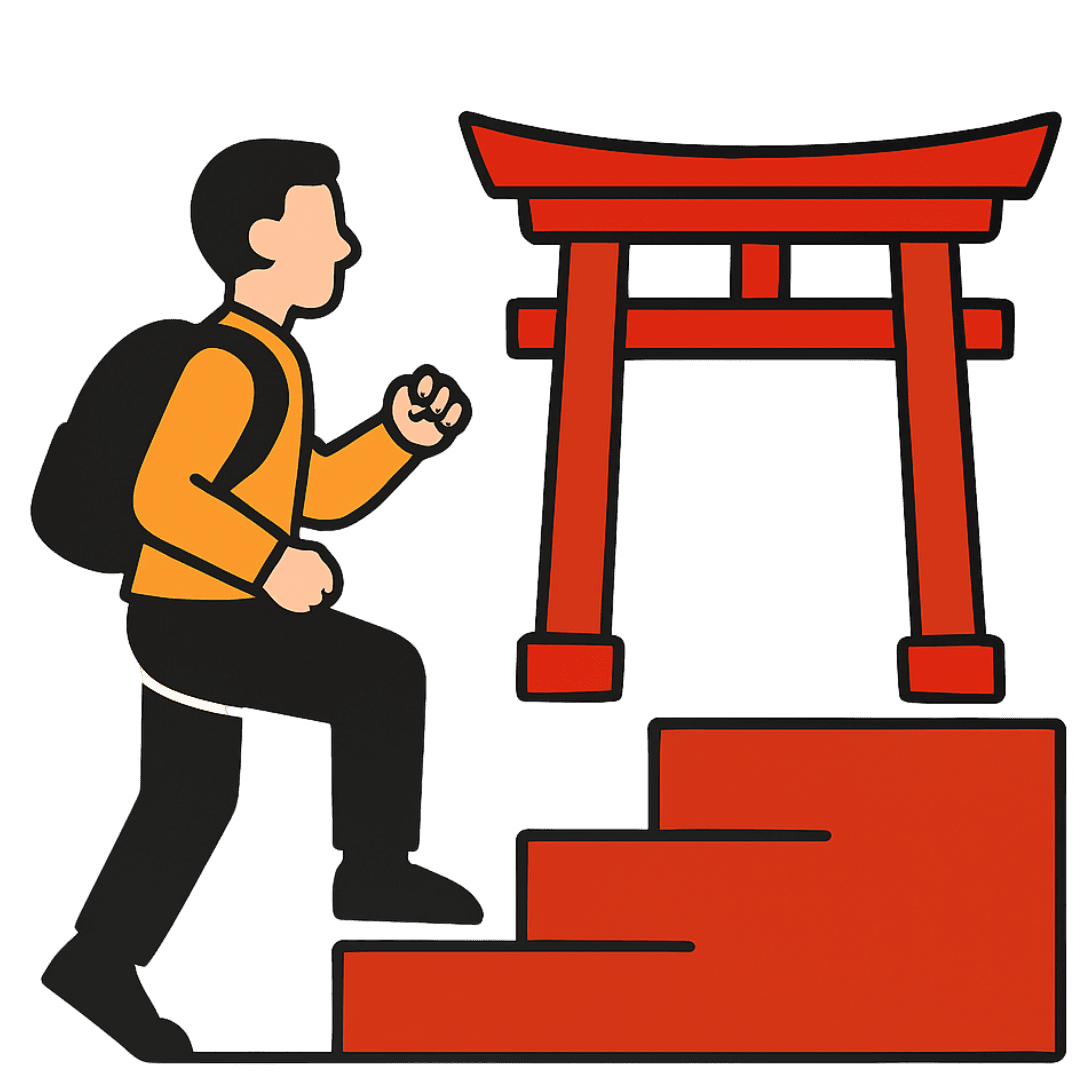 Alumno subiendo las escaleras hacia un torii
