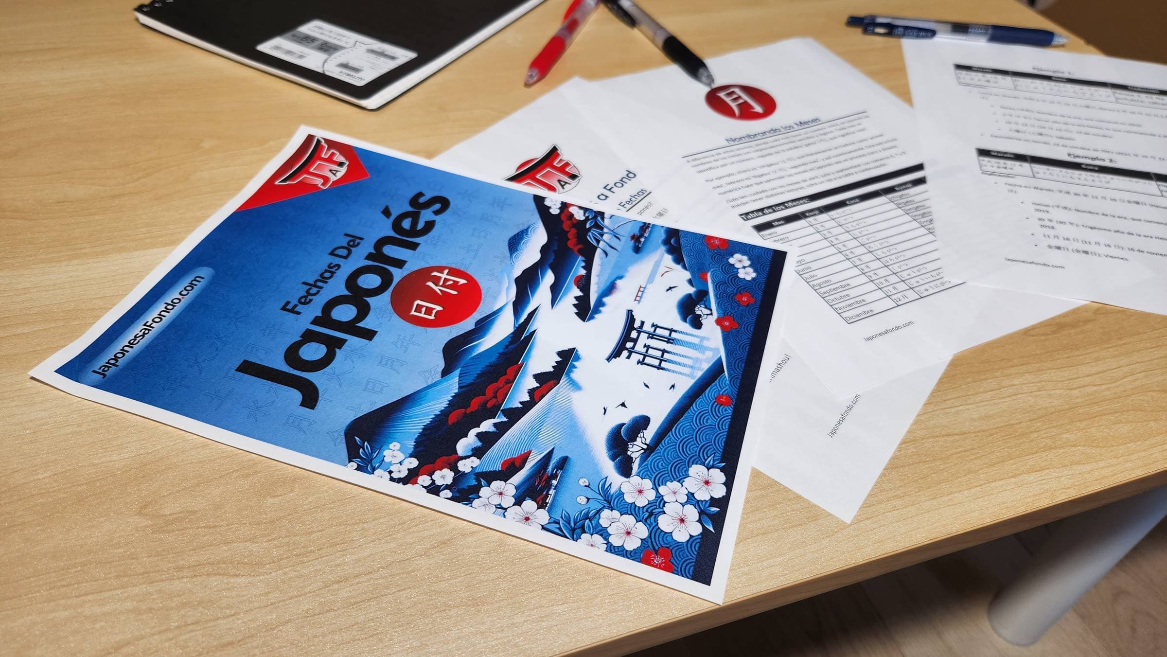 Apuntes de Fechas del Japonés impresos sobre un escritorio