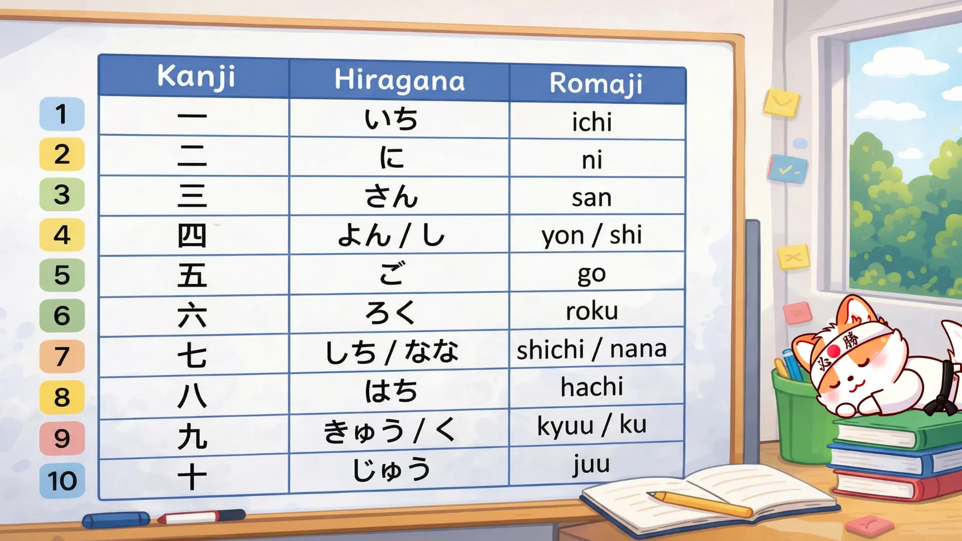 Tabla de los números del 1 al 10 en japonés: kanji, hiragana y romaji