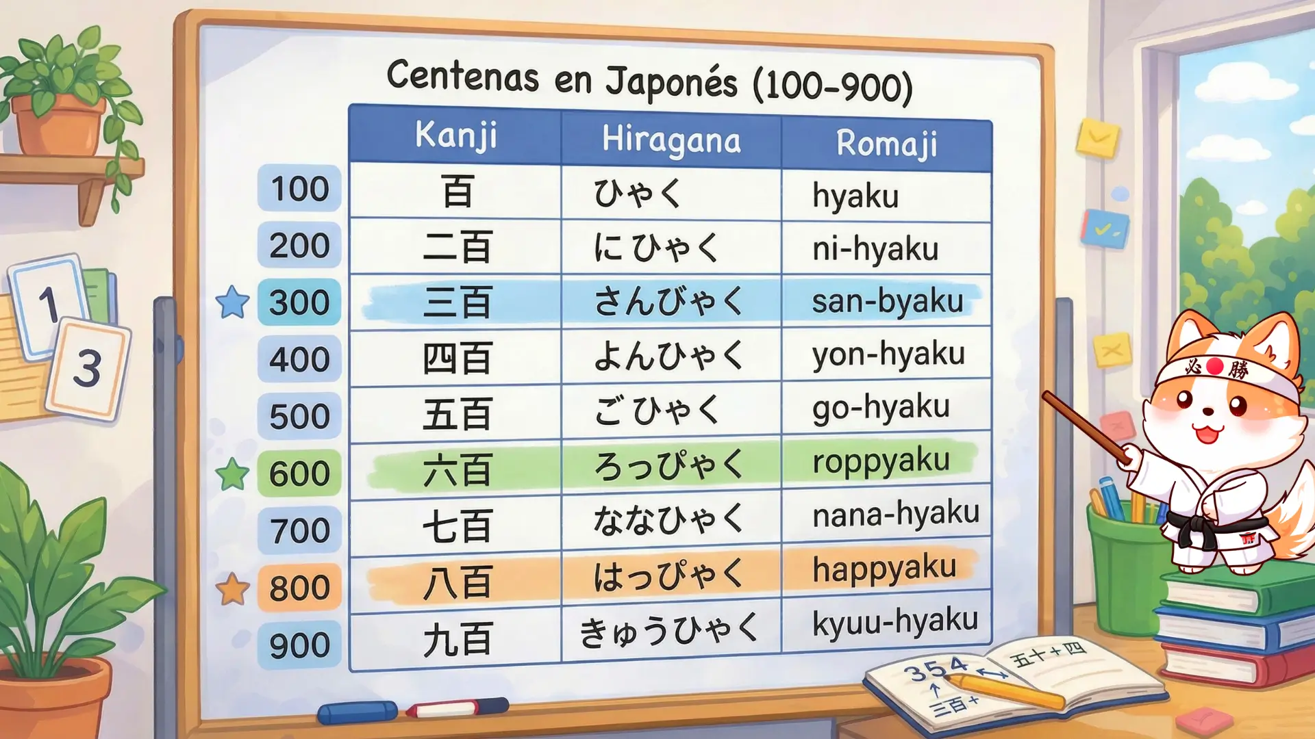 Tabla de las centenas en japonés (100 a 900) con las excepciones de pronunciación