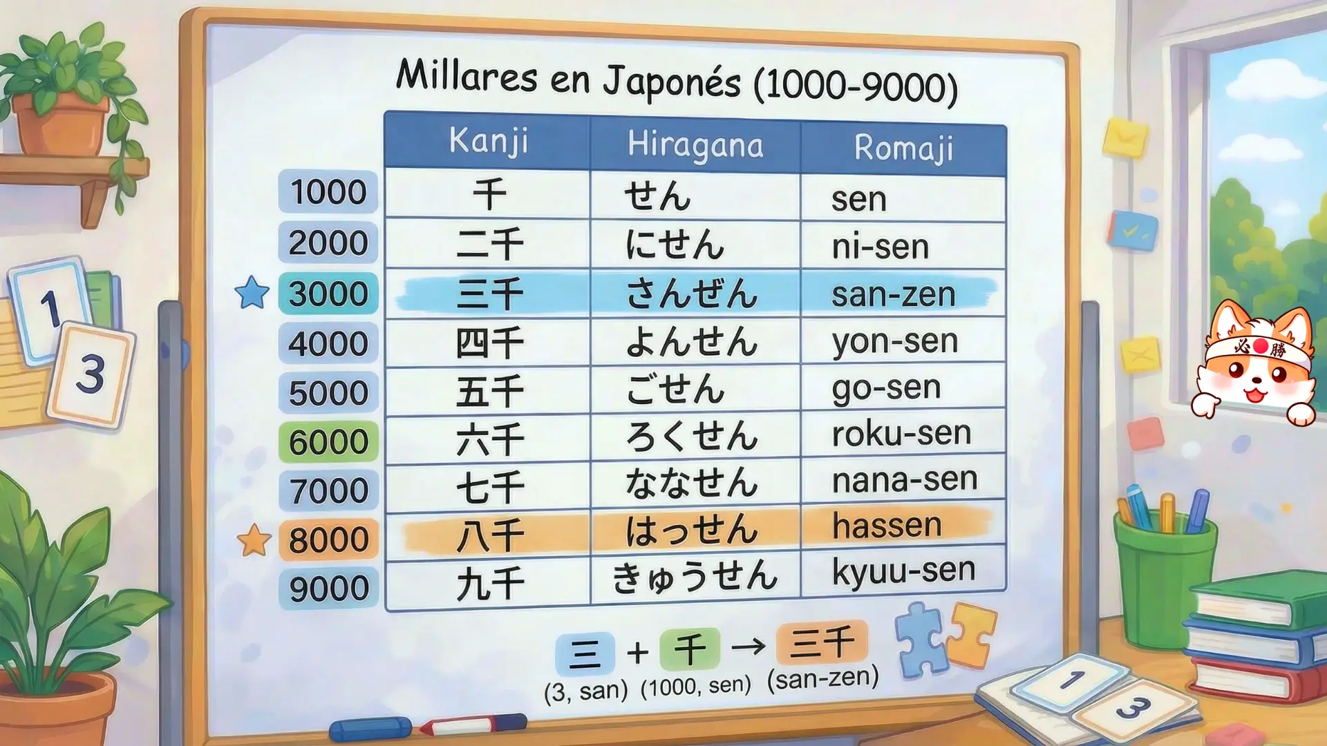Tabla de los millares en japonés (1000 a 9000) con el kanji 千 y sus excepciones